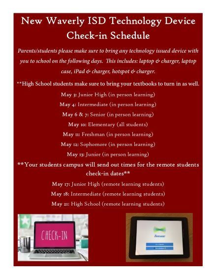 New Waverly ISD Technology Device Check-in Schedule