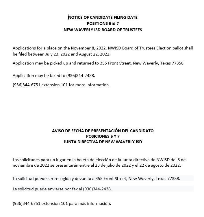 Notice of Candidate Filing for the NWISD Board of Trustees